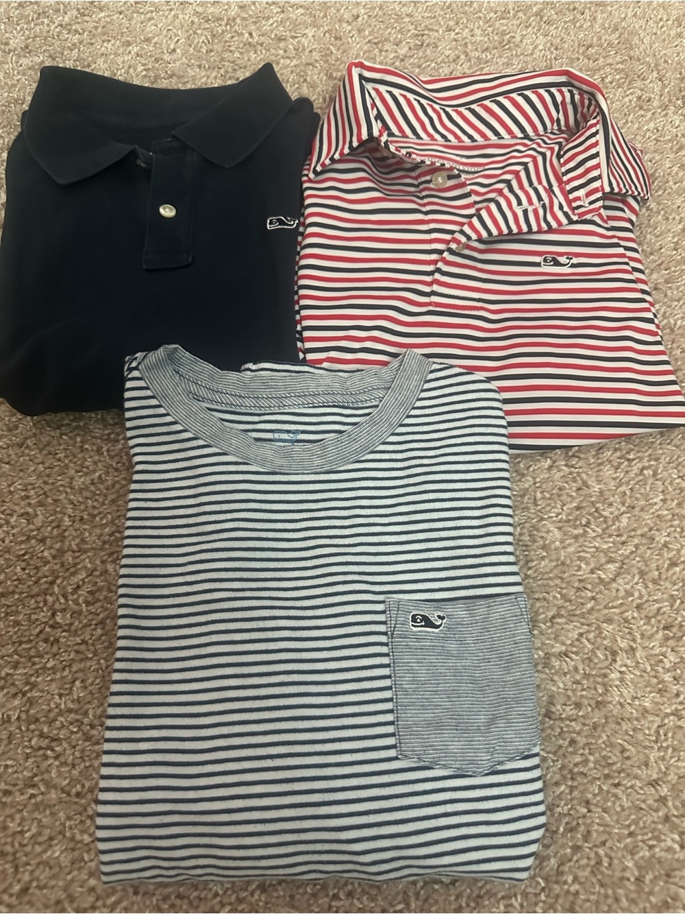 Vineyard Vines Kids bundlStriped Pocket Tee - Navy/White, Navy and striped polos